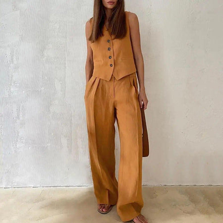 Hodor Statement Linen Vest Suit with Pants - full-length shot on model, rust - Miss Mosa By Akanksha