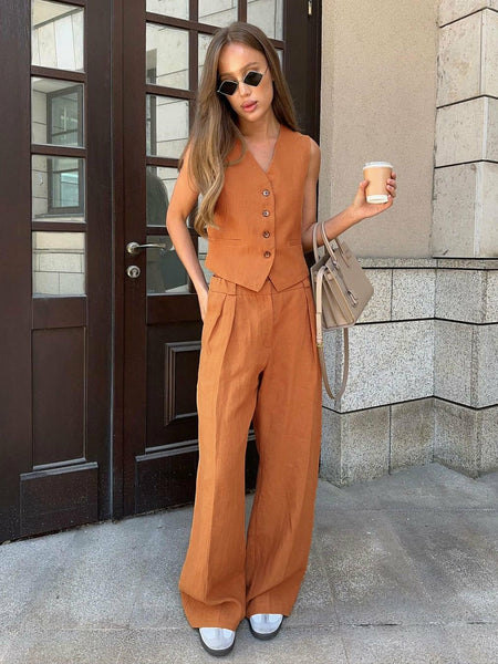 Hodor Statement Linen Vest Suit with Pants - lifestyle shot on model, rust - Miss Mosa By Akanksha