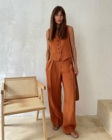 Hodor Statement Linen Vest Suit with Pants - front shot on model, rust - Miss Mosa By Akanksha