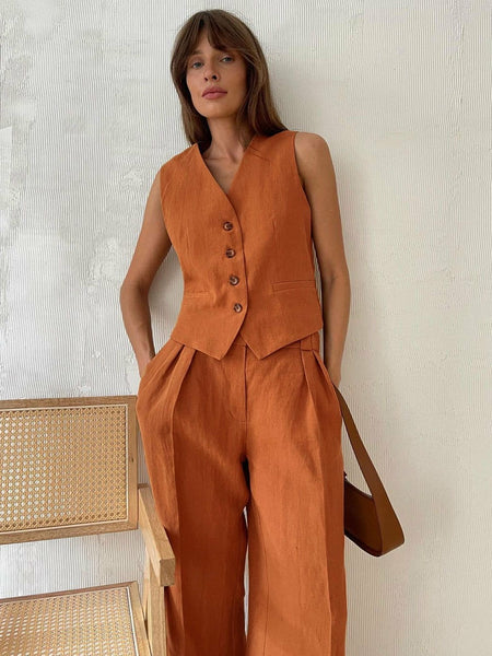 Hodor Statement Linen Vest Suit with Pants - front shot on model, rust - Miss Mosa By Akanksha
