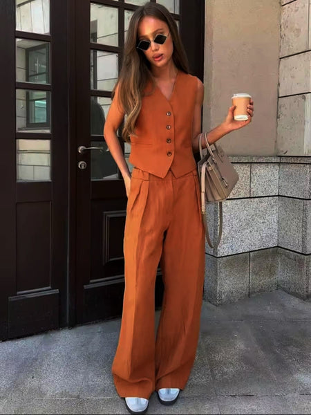 Hodor Statement Linen Vest Suit with Pants - full-length shot on model, rust - Miss Mosa By Akanksha