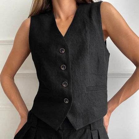 Hodor Statement Linen Vest Suit with Pants - close-up of fabric texture, black - Miss Mosa By Akanksha