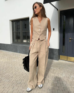 Hodor Statement Linen Vest Suit with Pants - full-length shot on model, beige - Miss Mosa By Akanksha