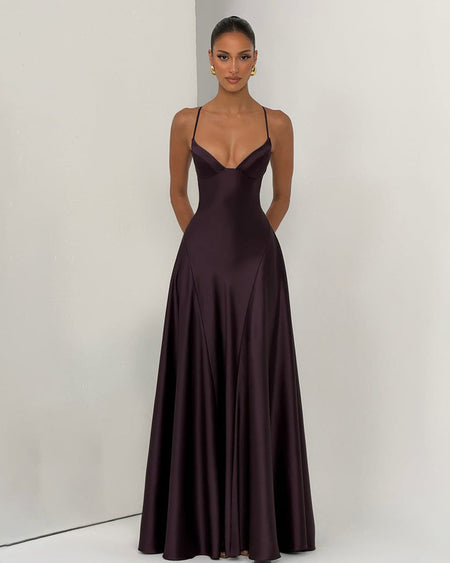 Holly Drop Waist Satin Maxi Dress - full-length front shot on model, aubergine - Miss Mosa By Akanksha