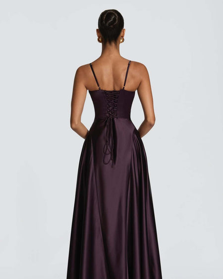Holly Drop Waist Satin Maxi Dress - back shot on model showing lace-up detail, aubergine - Miss Mosa By Akanksha