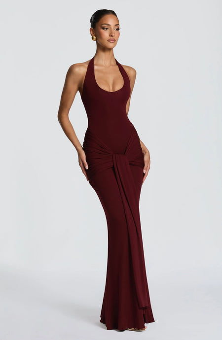 Hope Halterneck Maxi Dress - full-length front shot, burgundy - Miss Mosa By Akanksha