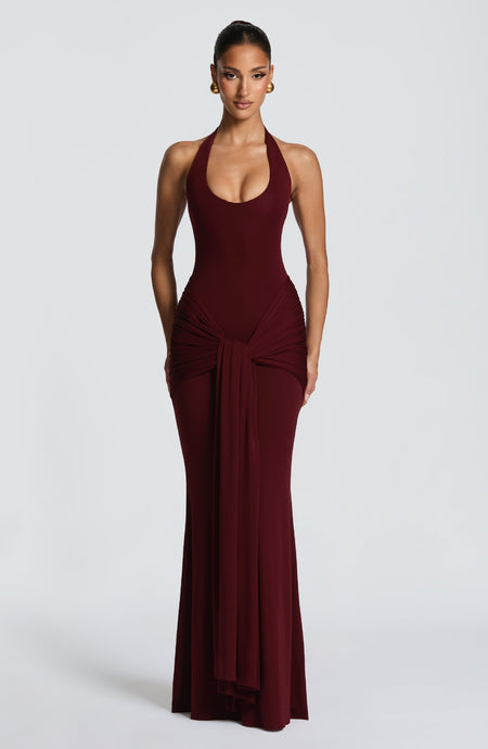 Hope Halterneck Maxi Dress - full-length front shot, burgundy - Miss Mosa By Akanksha