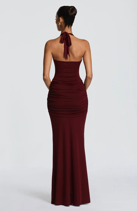 Hope Halterneck Maxi Dress - full-length back shot, burgundy - Miss Mosa By Akanksha