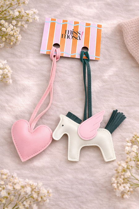 Horse and Heart Set of 2 Bag Charms - flat-lay shot of charms on brand card, pink and off-white - Miss Mosa By Akanksha
