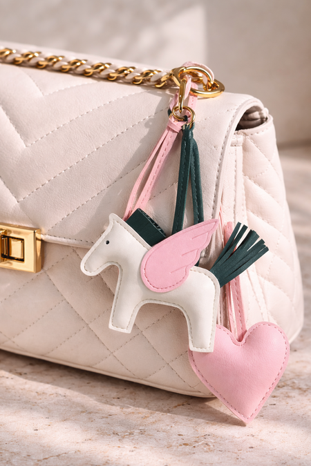 Horse and Heart Set of 2 Bag Charms - lifestyle shot of charms on a cream bag, off-white and pink - Miss Mosa By Akanksha