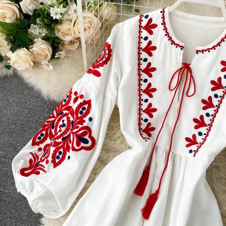 Hoster Summer Midi Dress - close-up of embroidery, white - Miss Mosa By Akanksha