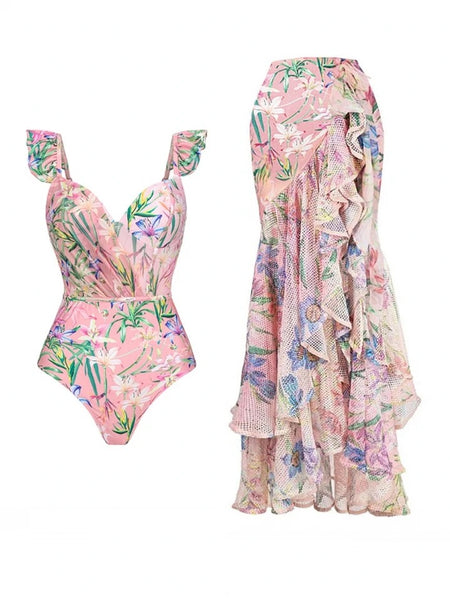 Hubo Spritzer Swimsuit with Ruffled Skirt - flat-lay product shot, pink - Miss Mosa By Akanksha
