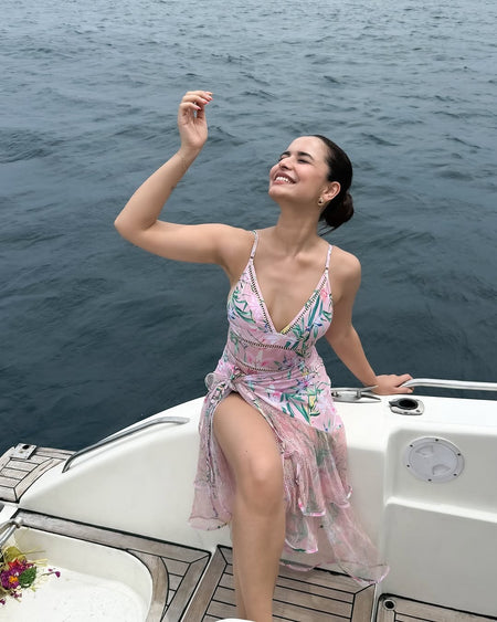 Hubo Spritzer Swimsuit with Ruffled Skirt - lifestyle shot on model, pink - Miss Mosa By Akanksha
