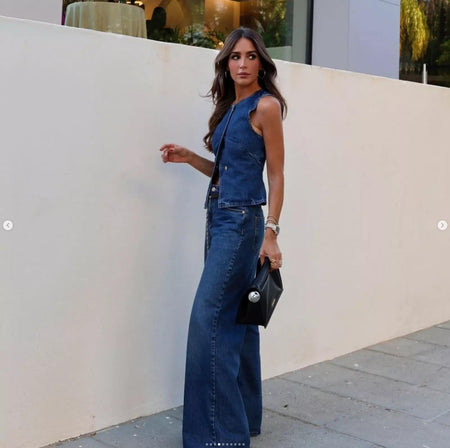 Hudson Statement Denim Coord In Navy Blue - full-length side shot on model in street - Miss Mosa By Akanksha