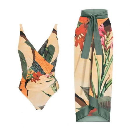Hues of Green Swimsuit with Sarong - styled flat-lay shot, multicolour - Miss Mosa By Akanksha
