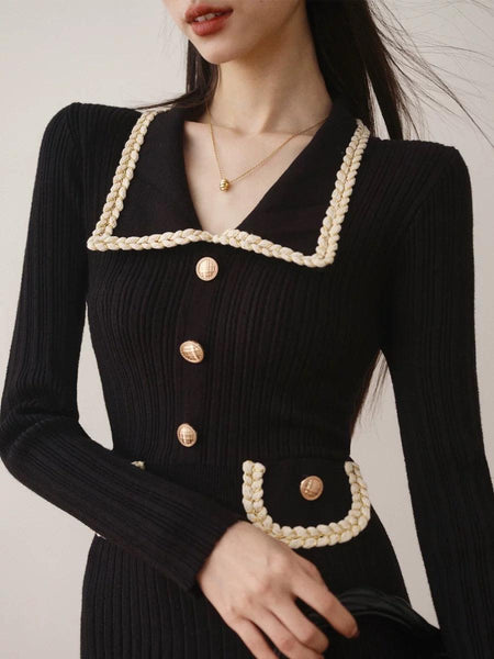 Huller Woolen Bodycon Dress - close-up of collar and buttons, black - Miss Mosa By Akanksha