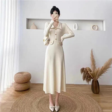 Huller Woolen Bodycon Dress - full-length shot on model, cream - Miss Mosa By Akanksha