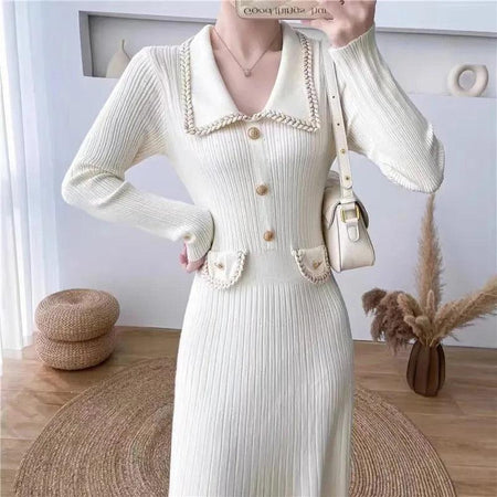 Huller Woolen Bodycon Dress - front shot on model, cream - Miss Mosa By Akanksha