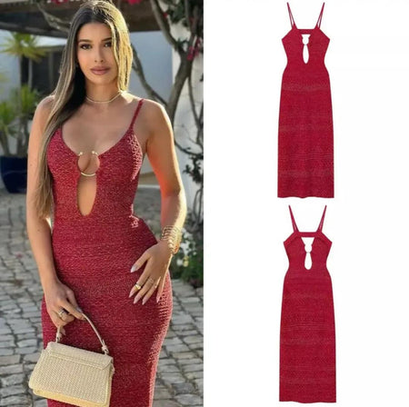 Huma Statement Backless Knitted Dress In Red - front shot on model with flat-lay product shots - Miss Mosa By Akanksha