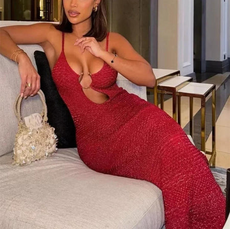 Huma Statement Backless Knitted Dress In Red - seated front shot on model - Miss Mosa By Akanksha