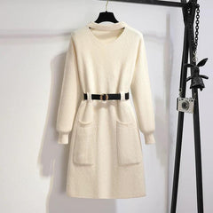 Hyacinth Knitted Dress With Belt - flat-lay product shot, cream - Miss Mosa By Akanksha