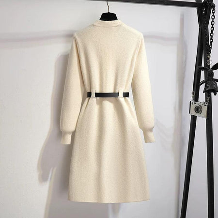 Hyacinth Knitted Dress With Belt - back shot on hanger, cream - Miss Mosa By Akanksha
