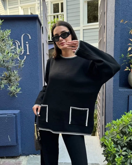 Sally Luxe Winter Coord Set- Set of Top and Pants In Black