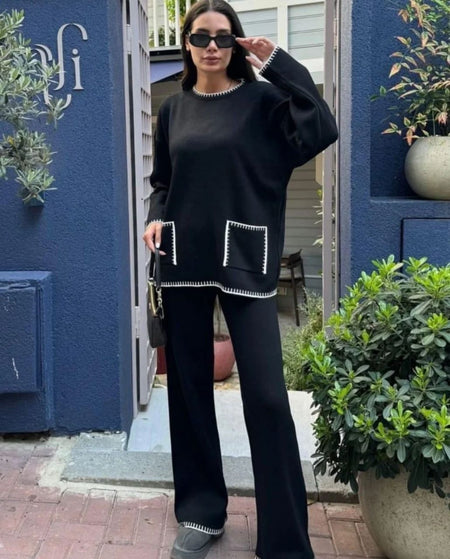 Black - Sally Luxe Winter Coord Set- Set of Top and Pants