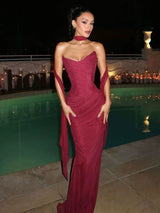 Alara Summer 2 Pcs Set - Set of Top And Skirt With Scarf In Maroon
