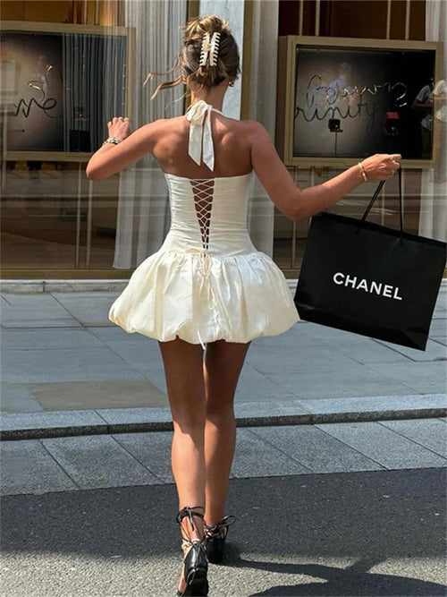 Samantha Halterneck Balloon Dress In Beige