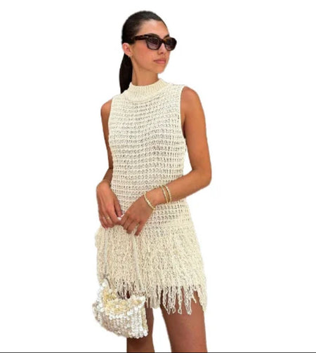 Beige - Milos Tasseled Soft Crochet Dress