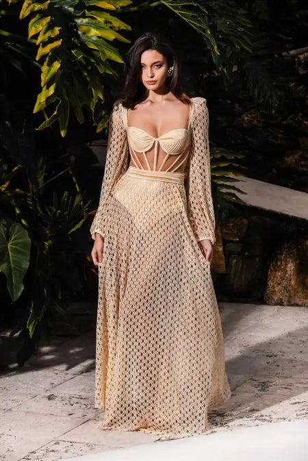 Beige - Laurel Statement Beach Dress-Swimsuit With Attached Skirt-Resortwear
