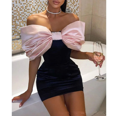 Candy Statement Bow Dress In Navy Blue