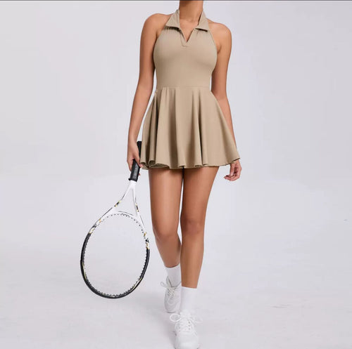 Rebbi Tenniscore Statement Dress With Attached Short In Brown