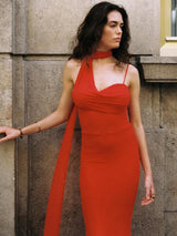 Saddle Statement Bodycon Dress With Attached Scarf In Red