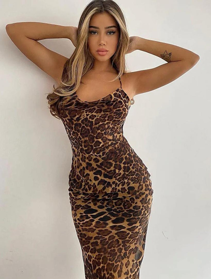 Leopard Print Bodycon Midi Dress In Brown