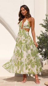 Arabella Floral Summer Maxi Dress In Olive