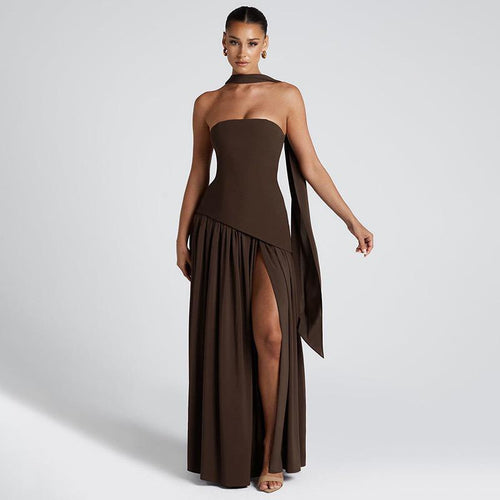 Sofiya Offshoulder Slit Maxi Dress With Scarf In Dark Brown