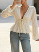 Cream embroidered summer top for women, long sleeve tie-front blouse with peplum style for casual and vacation wear