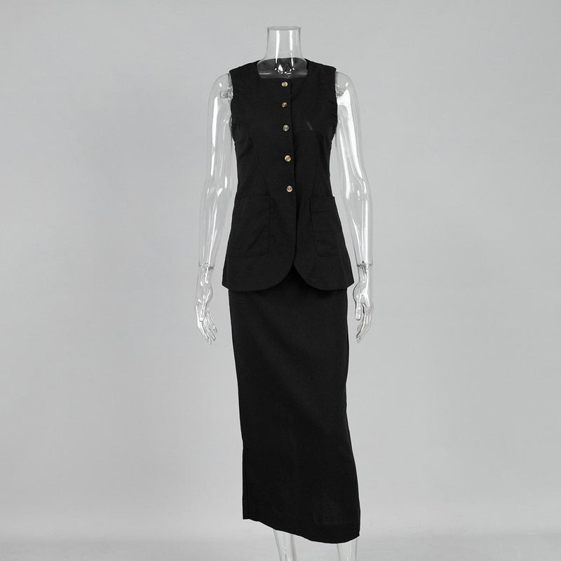 Geneva Statement Linen Vest Suit With Skirt In Black