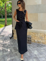 Geneva Statement Linen Vest Suit With Skirt In Black