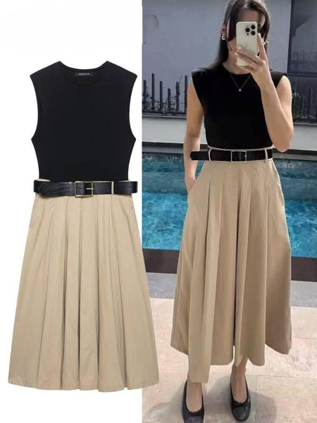 Lucy Luxe Elegant Pleated Dress With Belt In Black