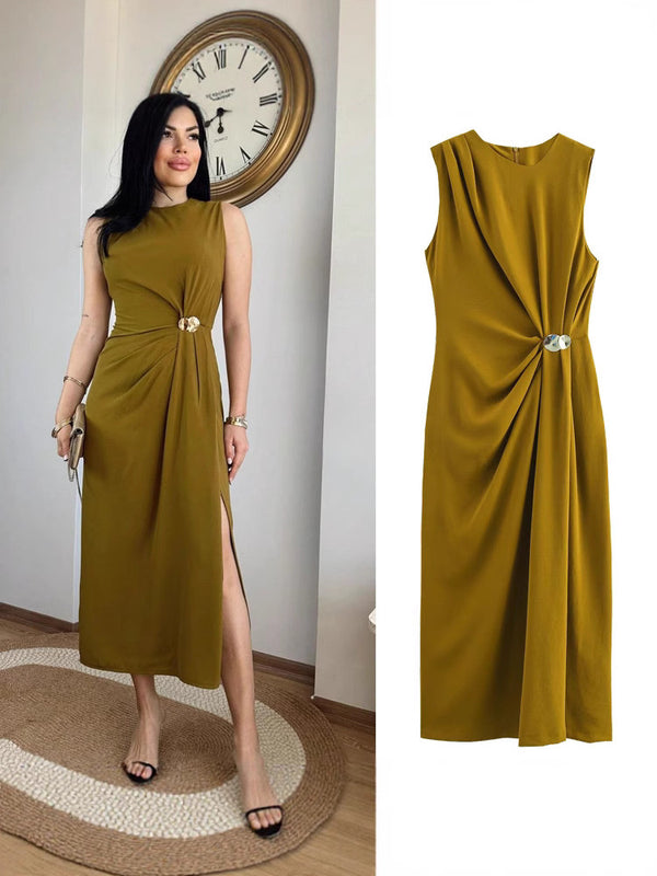 Desmia Luxe Slit Maxi Dress In Olive