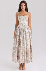 Orchid Luxe Floral Midi Dress In Off Beige