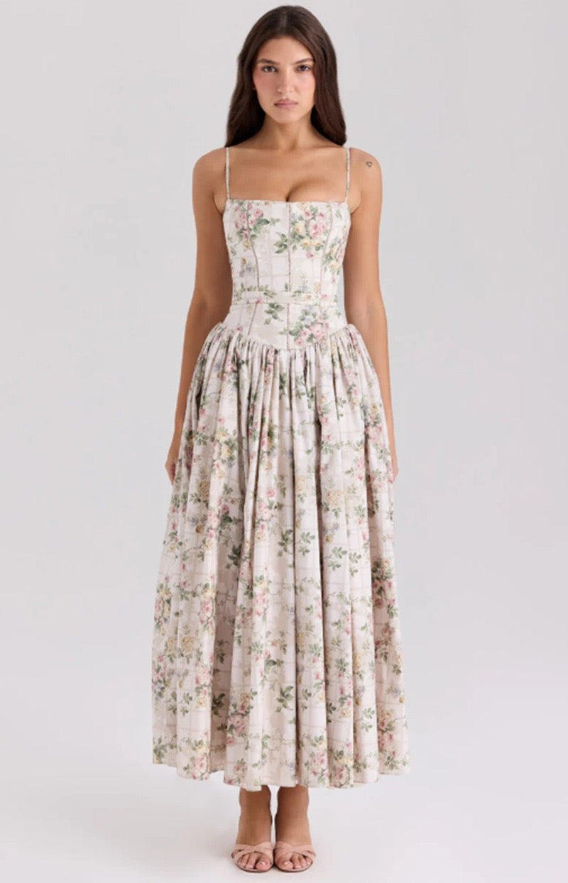 Orchid Luxe Floral Midi Dress In Off Beige