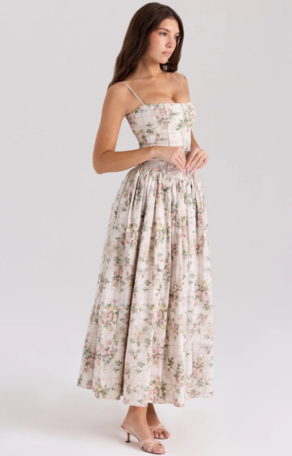 Orchid Luxe Floral Midi Dress In Off Beige