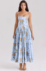 Calina Luxe Floral Midi Dress In Blue