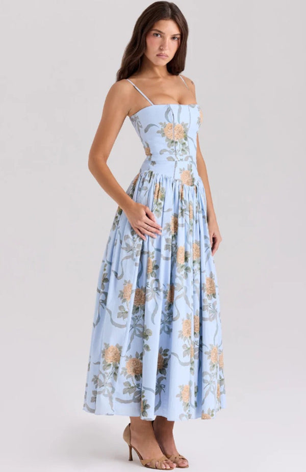 Calina Luxe Floral Midi Dress In Blue