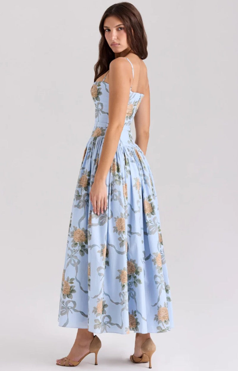 Calina Luxe Floral Midi Dress In Blue