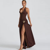 Serafina Luxe Slit Cut Maxi Dress In Brown